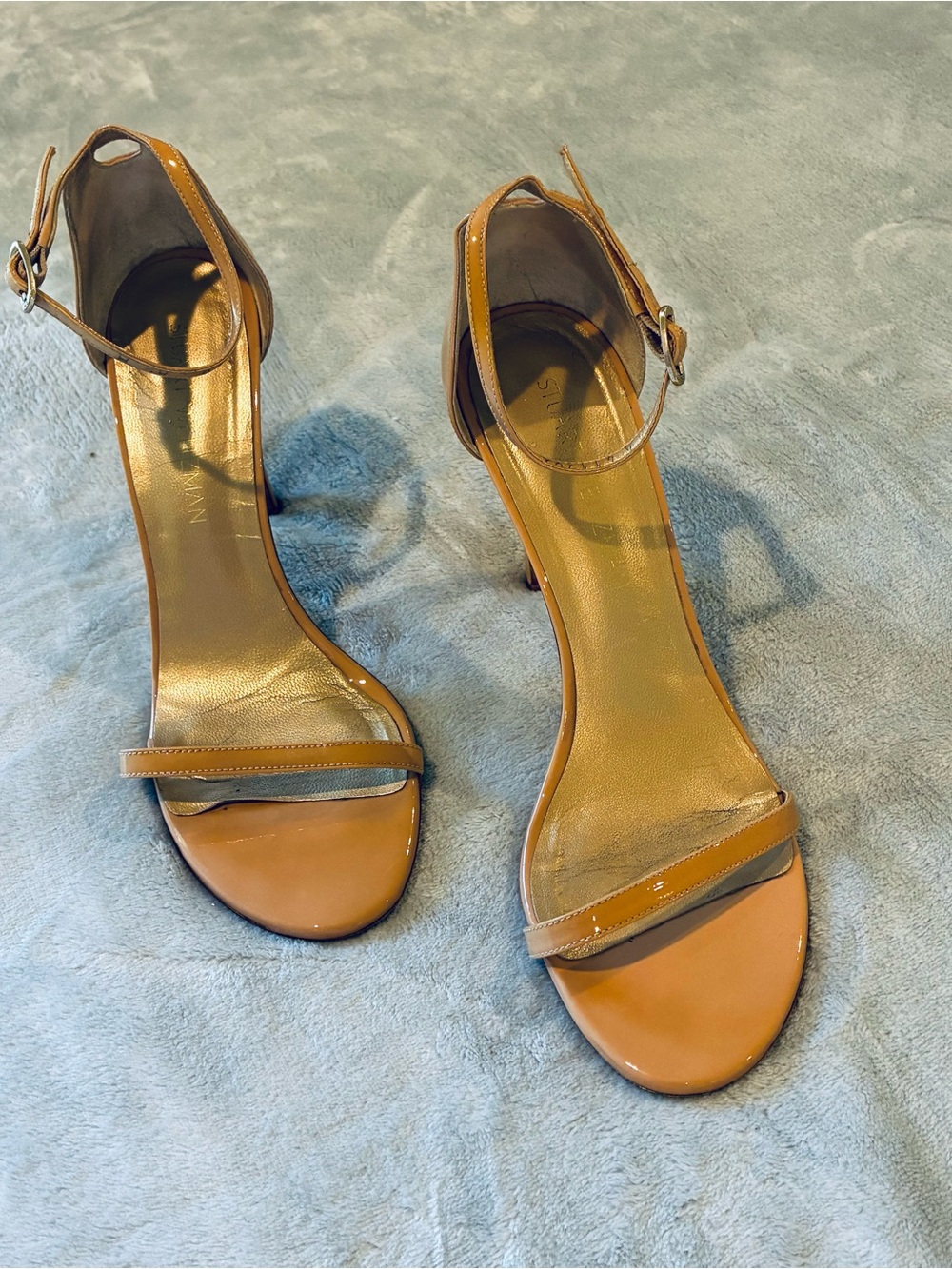 Stuart Weitzman Nude Patent Ankle-Strap Open-Toe Heels Size 8.5 M